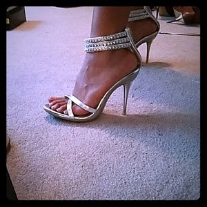 Silver "stiletto" heels with jeweled ankle straps